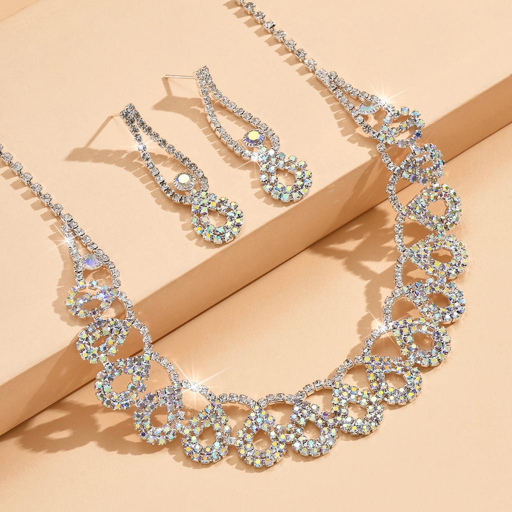 Luxury Geometric Hollow Super Flash Rhinestone Necklace Earrings Set Women'S Temperament Fashion Collarbone Chain Jewelry Women