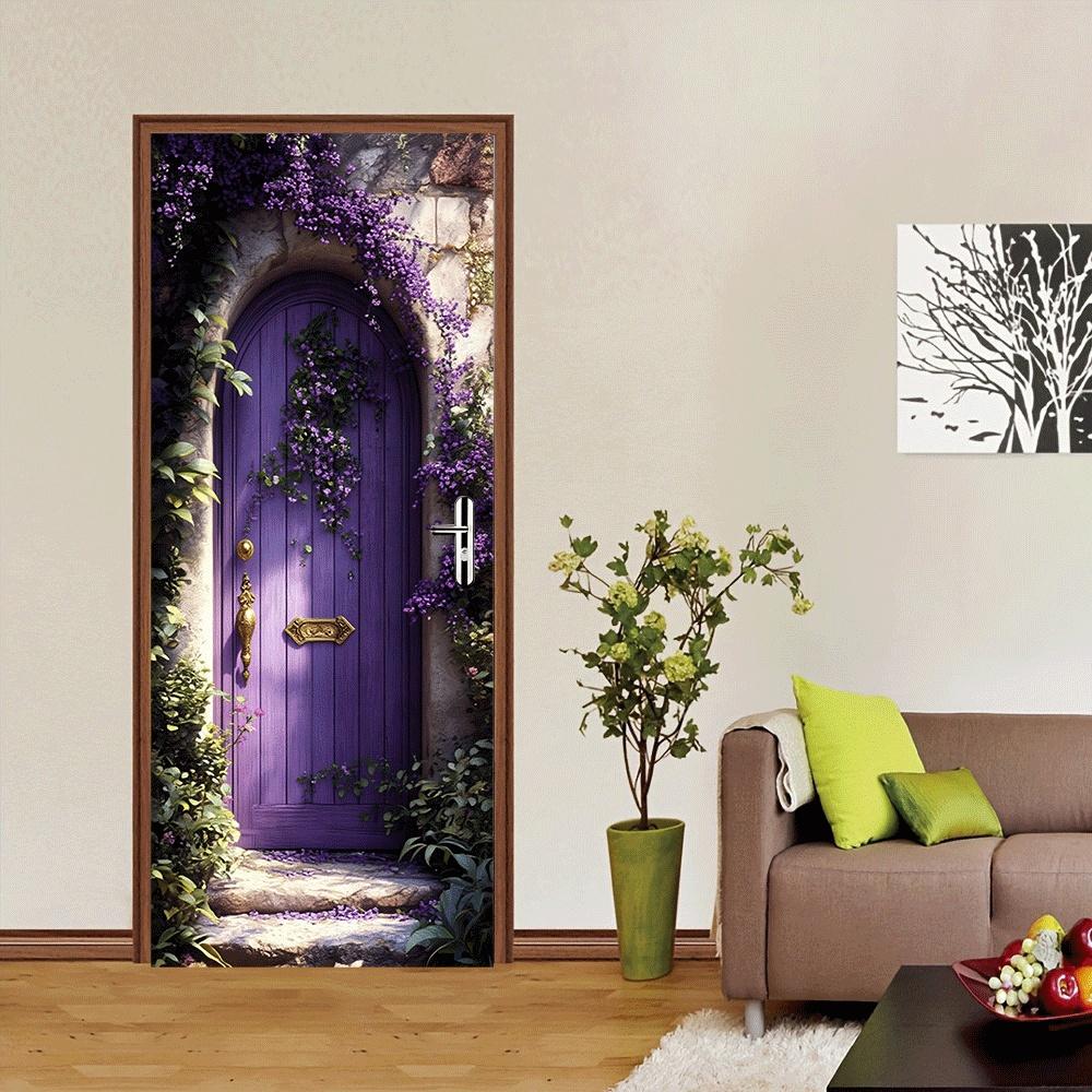 2pcs Dreamy Purple Magic Door Wall Sticker Self-adhesive Removable Fairy Tale Style Home Wall Sticker Vine Flower Pattern Art Ba