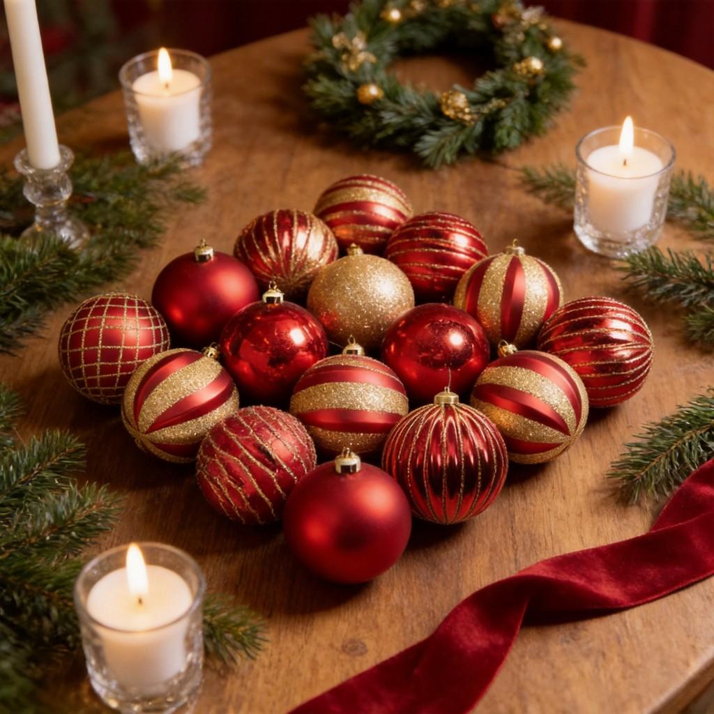 Christmas Ball Ornaments Set With Red Gold Finish For Holiday Decor