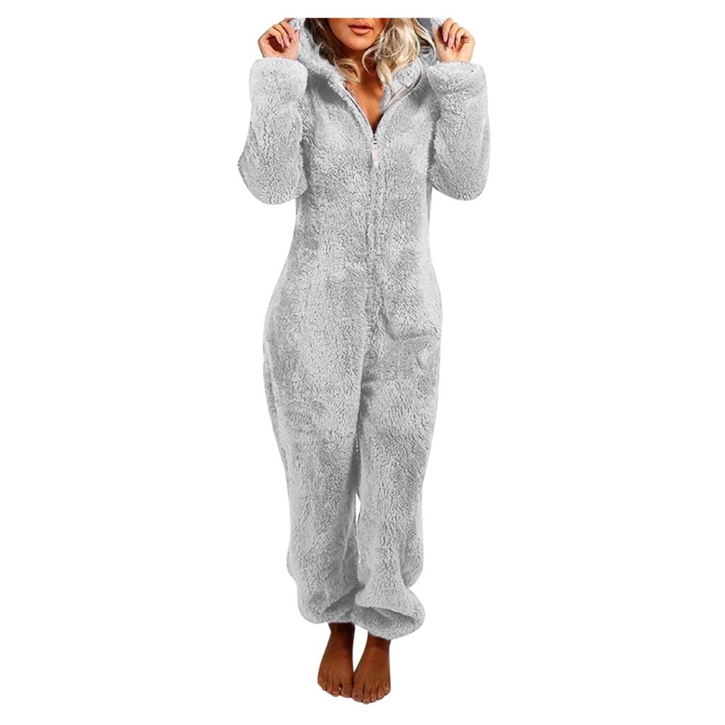 Women Long Sleeve Hooded Jumpsuit Pajamas Casual Winter Warm Rompe Sleepwear