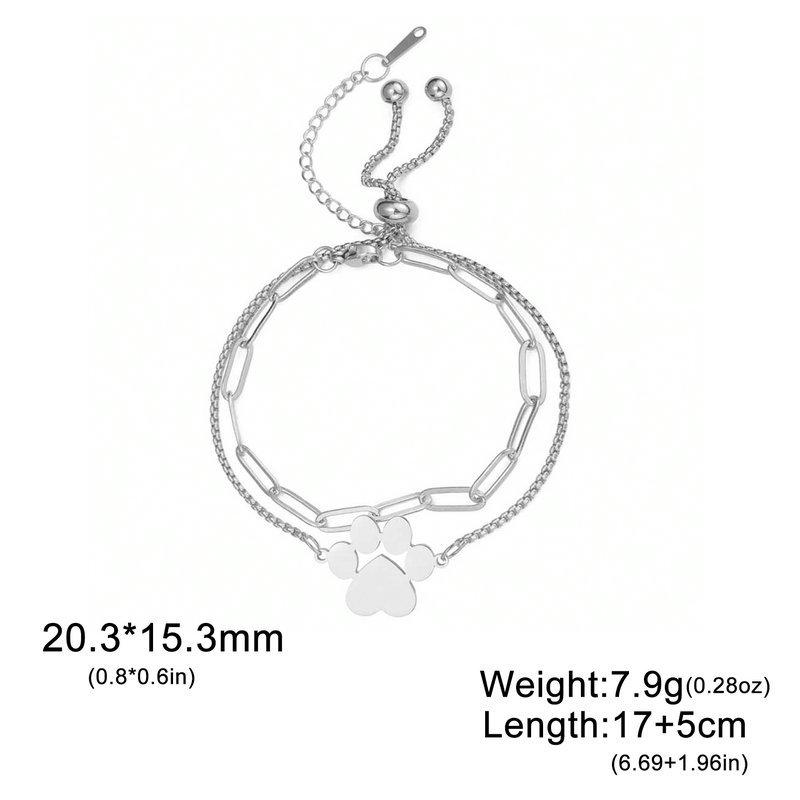 Stainless Steel Paw Print Heart Double-Layer Adjustable Bracelet