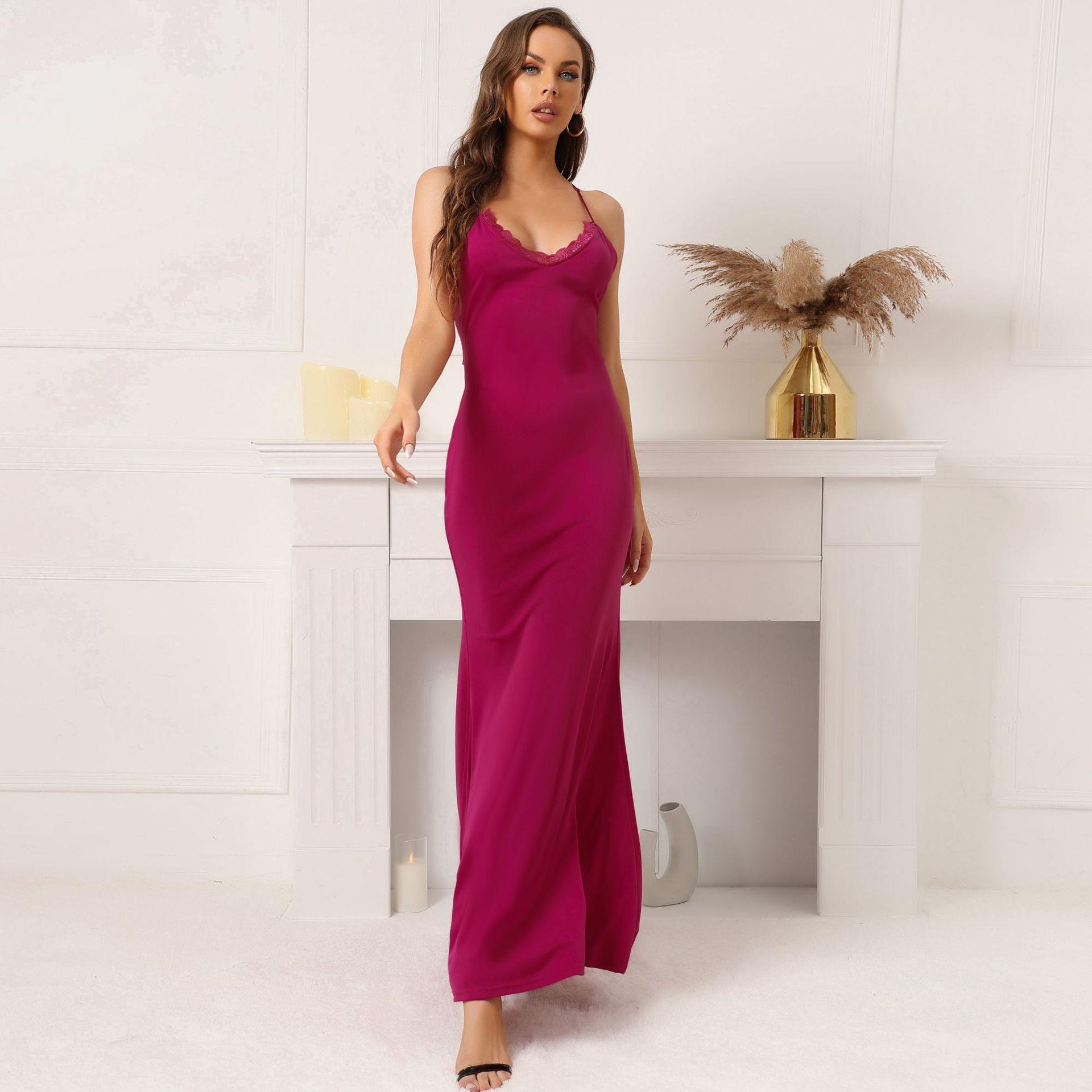 New suspender sexy lace splicing halter dress women s banquet temperament dress long dress S
