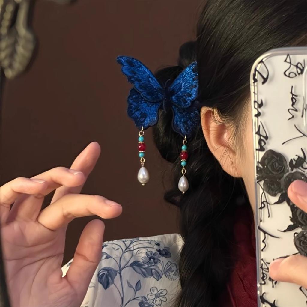 Handmade Antique Style Blue Butterfly Embroidered Hairpin Chinese Hanfu Accessory Hairpin Ancient Style Side Hairpin Headwear