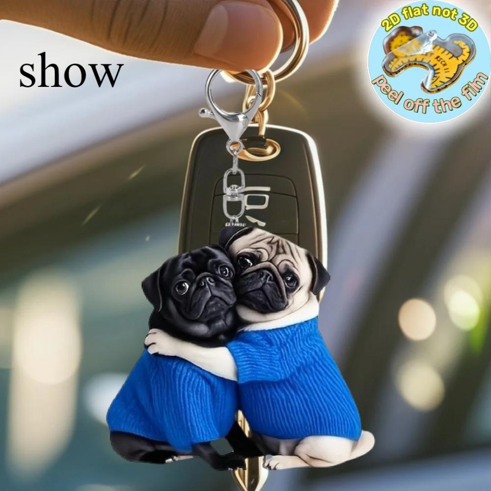 Hugging Pug Each Other Pendant Keychain,Puppy 2D Flat Acrylic Ornament Charm,Hanging Decoration for Car,Bags,Festive,Party,Gift