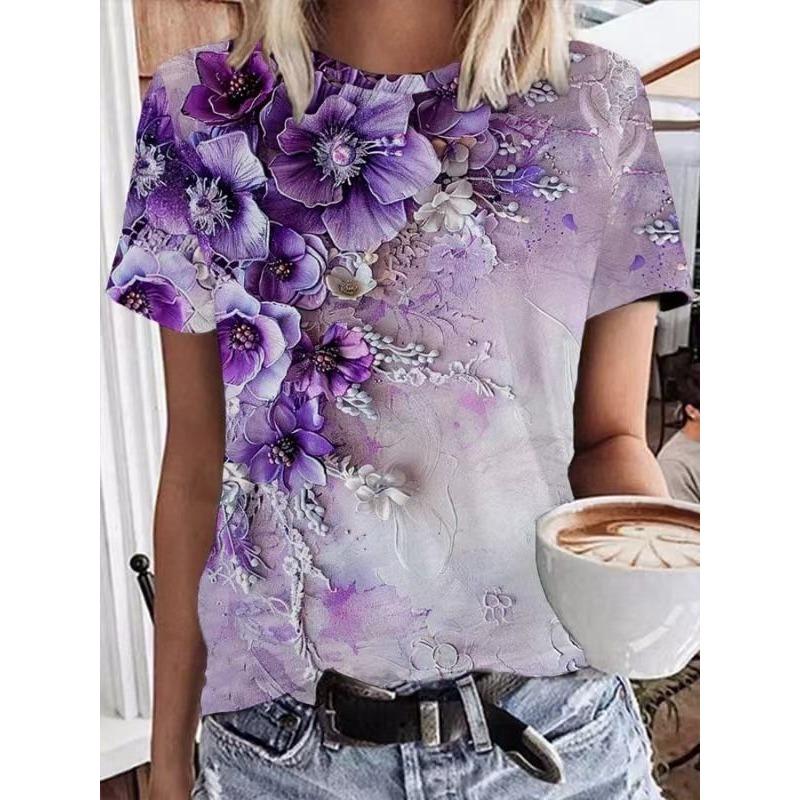 Summer Round Neck 3D Flowers Butterflies Dragonflies Pattern Print Top Fashionable Casual Short Sleeved Women's T-shirts