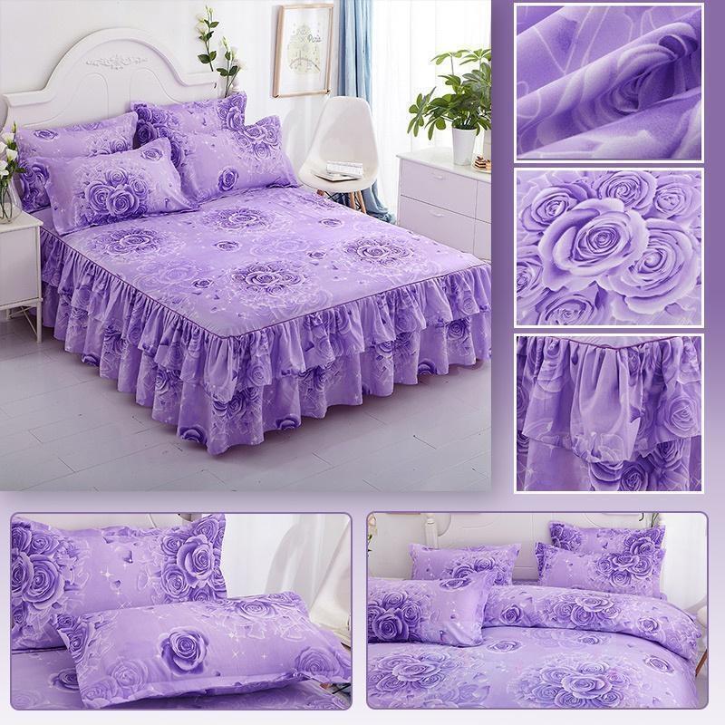 Potah na postel s potiskem, volánkový potah na postel, protiskluzový potah na matraci, prostěradlo/přehoz na postel se 2 polštáři