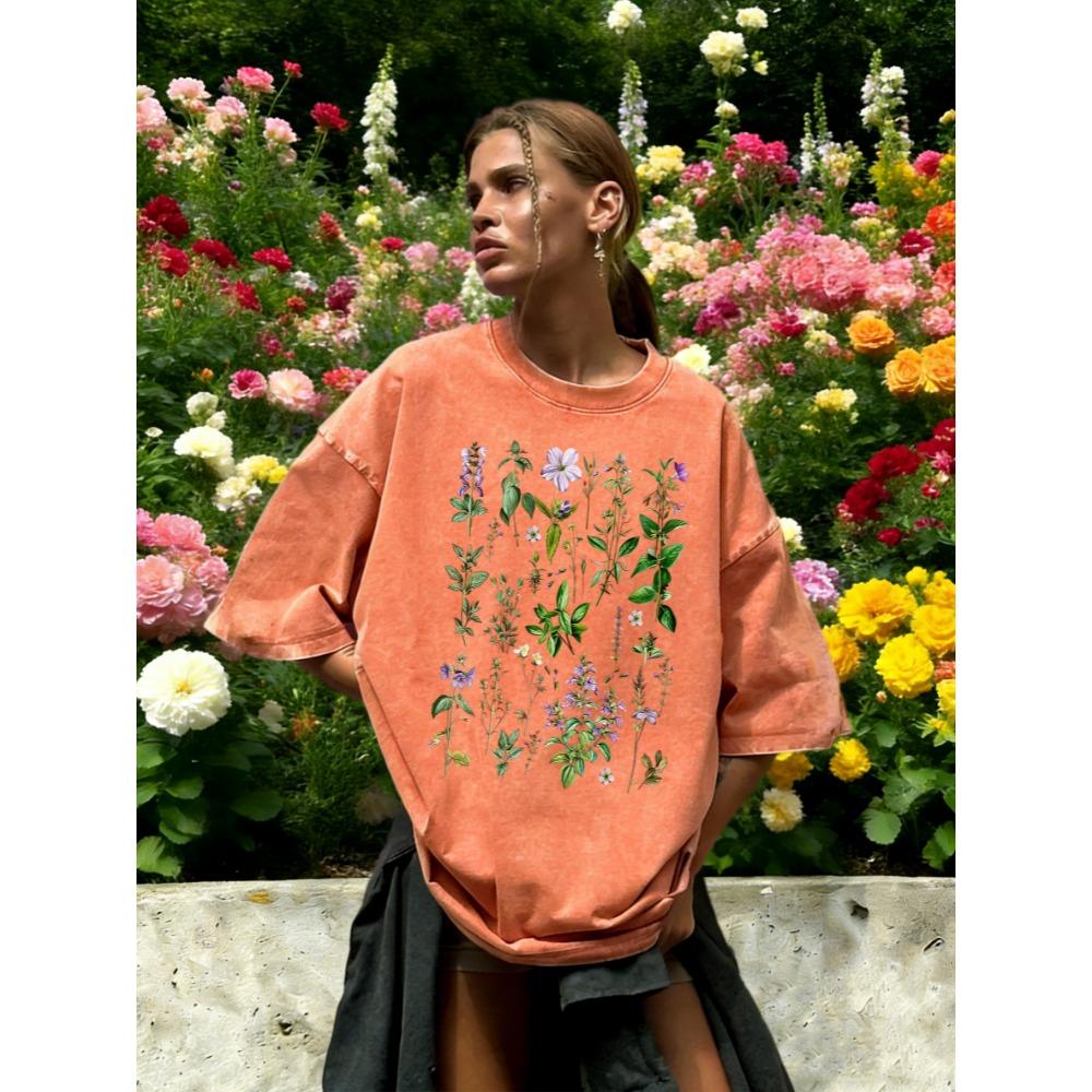 T-shirt Lavé Imprimé Fleurs Violettes Rétro Plantes Herbacées Femme Été Salle de Sport Manches Courtes Coton Hauts Amples T-shirt