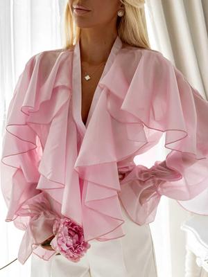 European Vacation Style Chiffon Shirt with Ruffle Bell Sleeves