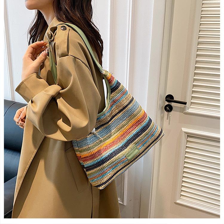 Summer New Straw Handbag Bag Striped Contrasting Color Fashionable Large-capacity Shoulder Portable Tote Bag