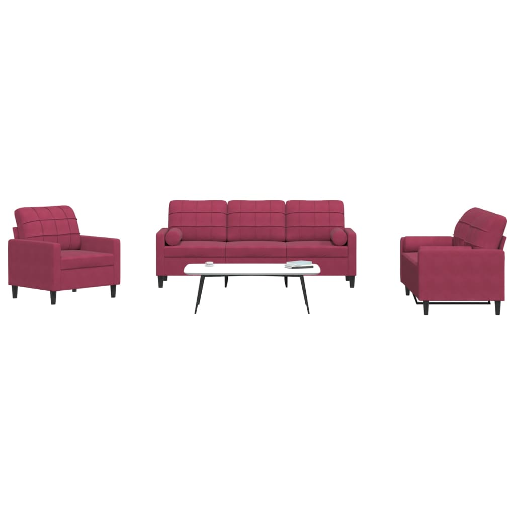 3 Piece Sofa Set with Cushions and Neck Rolls Burgundy Velvet