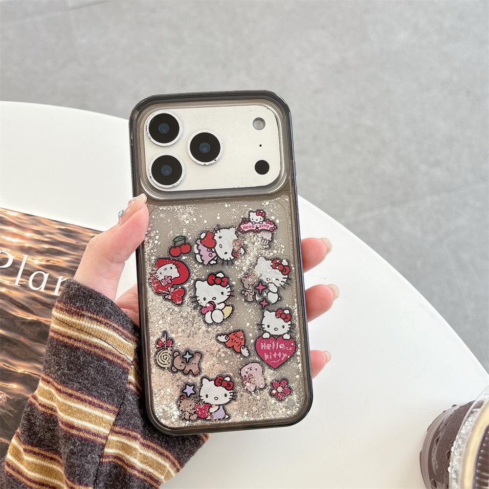 

Transparent Black Heart KT Cat Sand Flow Phone Case: Compatible with Apple 17/16 ProMax & iPhone 15/14, Drop-Proof Design iPhone 17 Pro Max