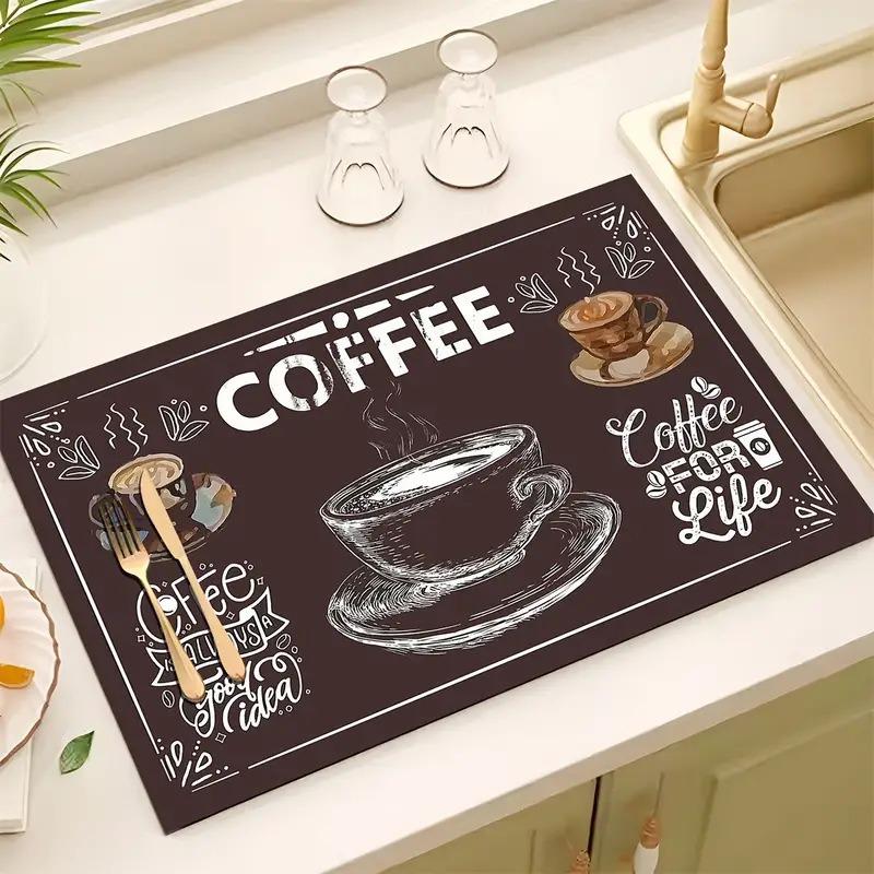 Creative Coffee Print Kitchen Drying Mat Soft Rubber Non-Slip Absorbent Stain-Resistant Mats for Coffee Bar Countertops Dish Mat