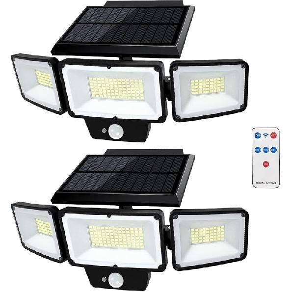 2 Pack Solar Outdoor Lights with Remote Control, Motion Sensor Outdoor Lights with 3 Modes, 3 Heads LED Security Lights, IP65 Waterproof Outdoor