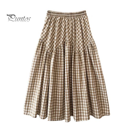 

Женская юбка-миди, клетчатая юбка-трапеция с принтом и шитьем, эластичная юбка с высокой талией в ретро-стиле, распашная юбка, повседневная одежда хаки