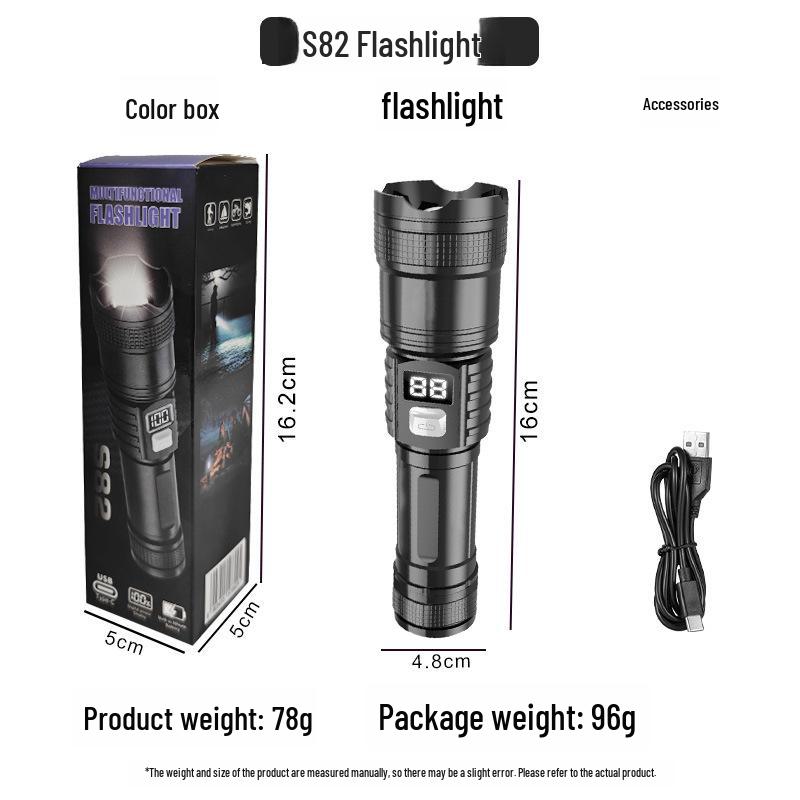High-Power Rechargeable White Laser Flashlight with Digital Display for Outdoor Use