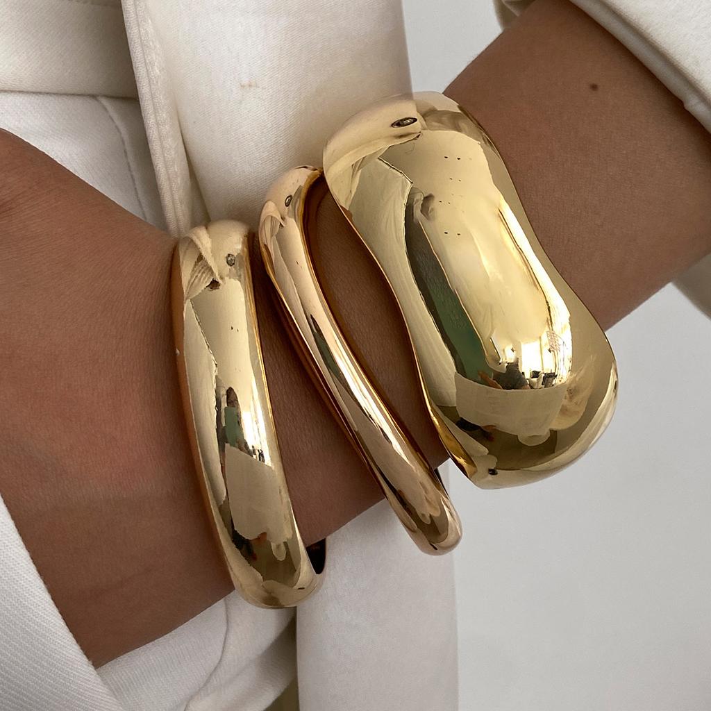 SHIXIN Hip Hop Smooth Surface Irregular Wide Bracelet for Women Trendy Stackable Gold Color Opening Spring Bangle Party Jewelry