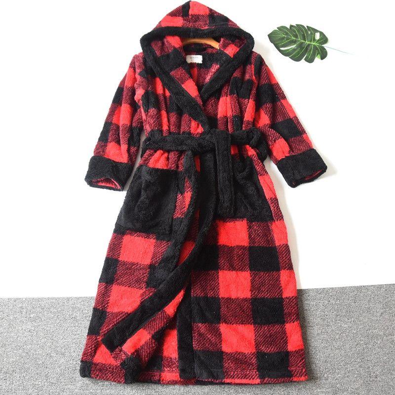 

Winter Thicken Thermal Men s and Women s Long Sleeves Coral Velvet Night-Robe Bathrobe Hooded Long Gingham Stuffed Couple Homewear Red L