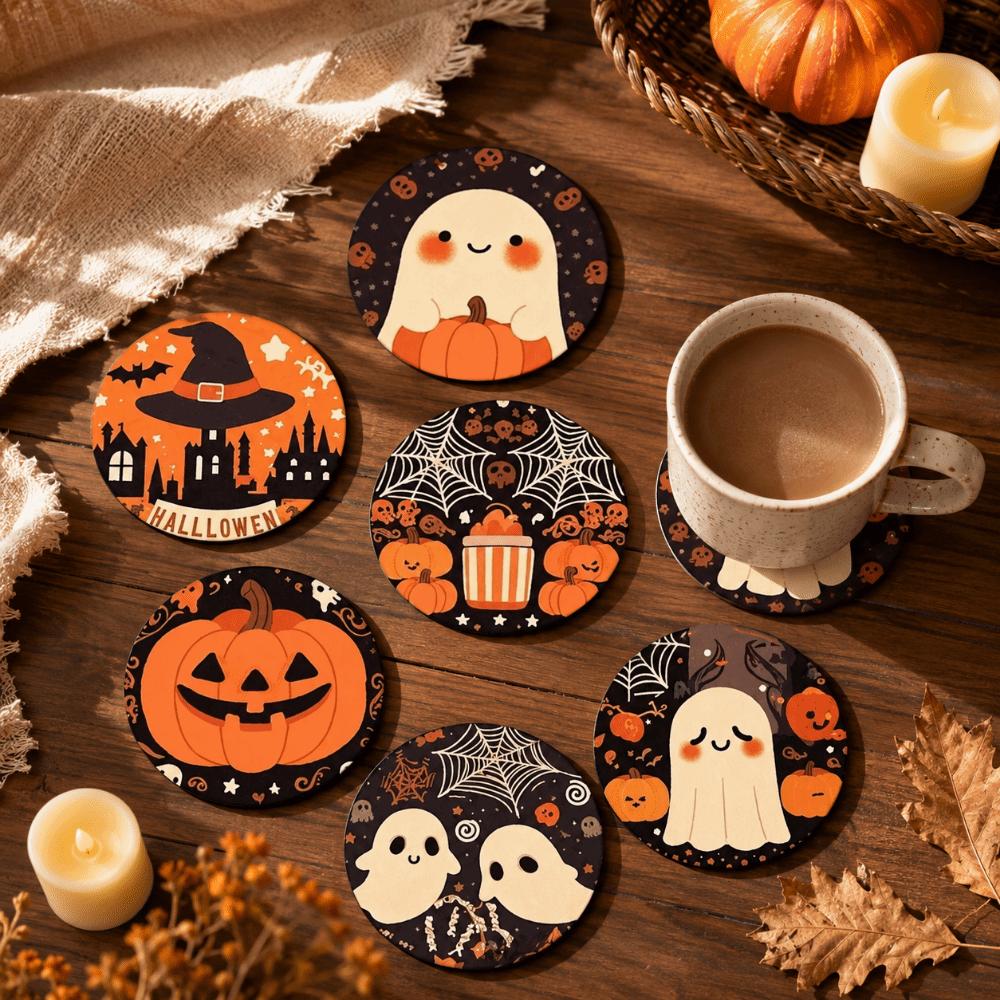6pcs Wooden Halloween Coasters Pumpkin Heat Insulation Pad DIY Halloween Cup Mats Halloween Party