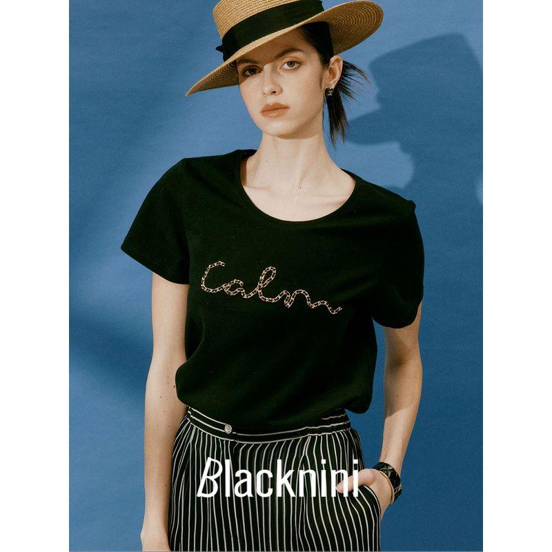 Blacknini Yin Huafu Less Is More Black and White Vertical Cut Chain Decoration round Neck T-shirt
