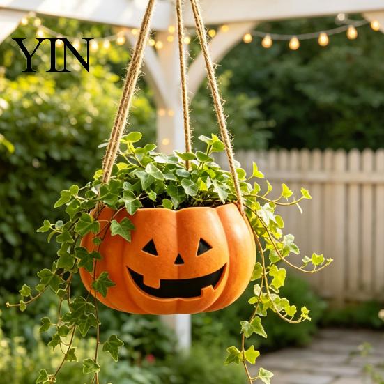 Versatile Tabletop Plant Vessel Pumpkin Shaped Hanging Pot, 4.3 Inch Lightweight Resin Flower Adjustable Decorative Container Rope Mini Pots