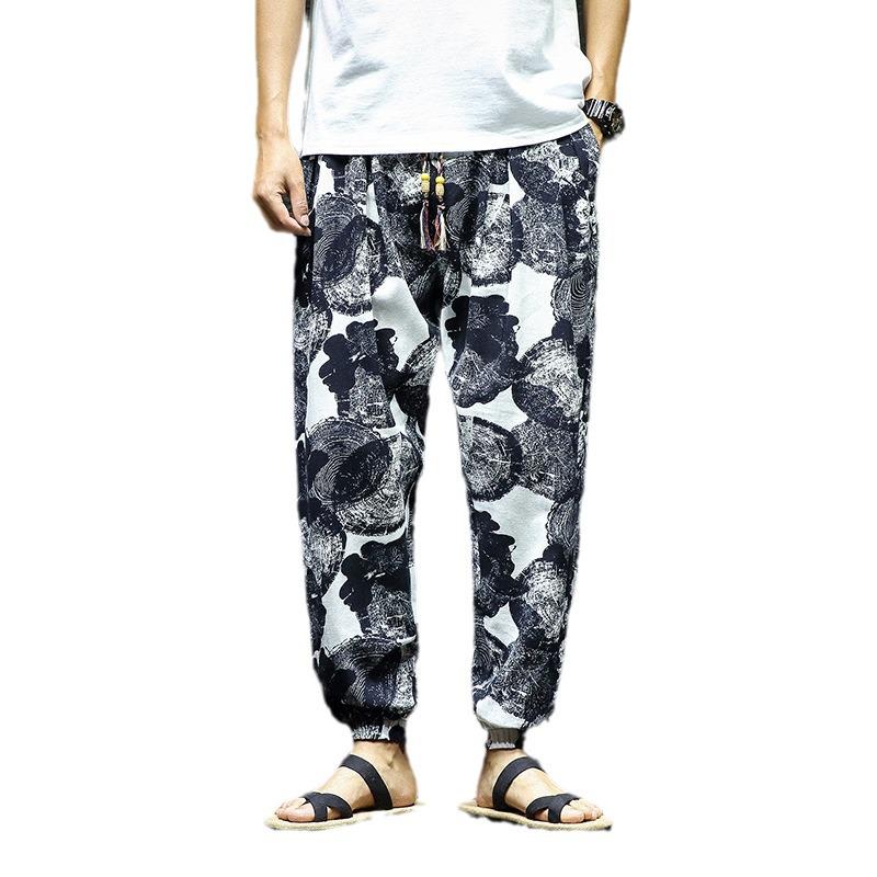 2023 Men's Autumn Cotton-Linen Floral Retro Large Size Slim-Fit Trousers