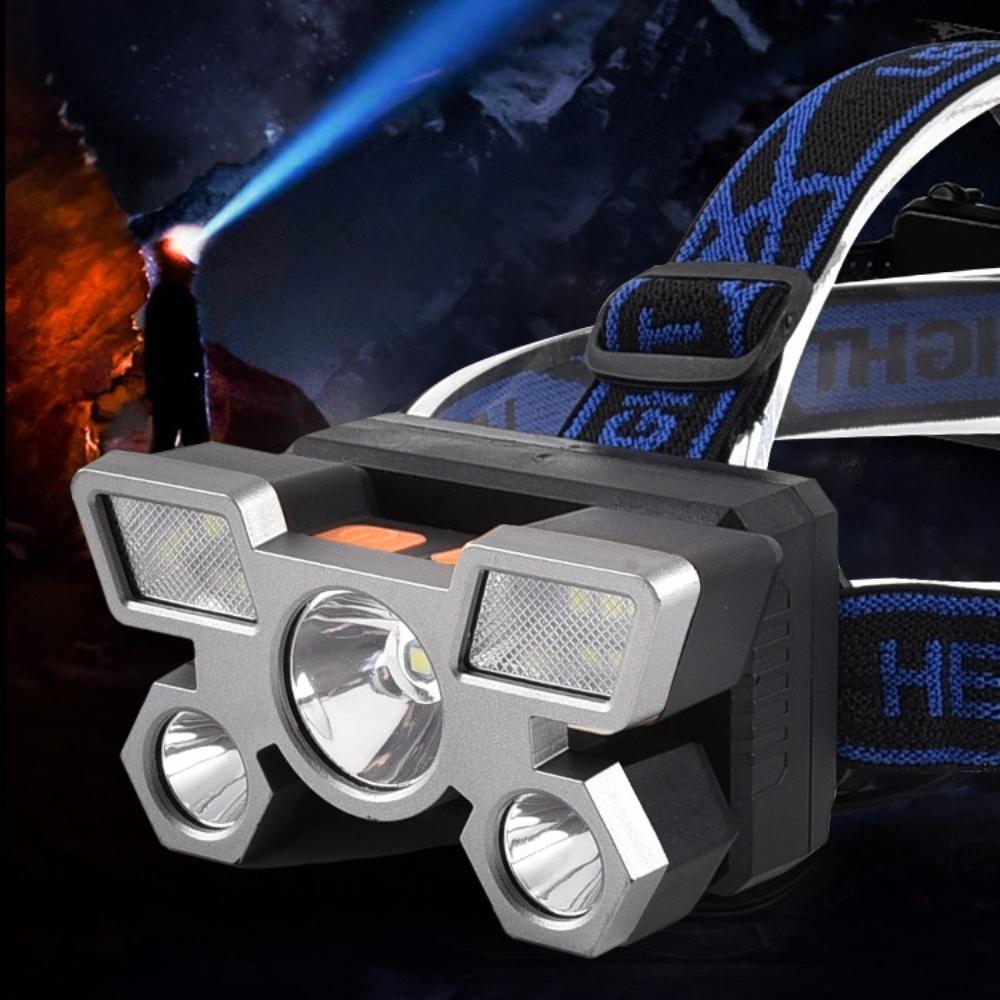 פנס ראש LED חזק חמישה ראשים טעינת USB פנס ראש קטן מותקן על הראש מנורת כרייה חיצונית