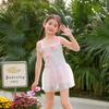 Korean Style Girls' Floral Strappy One-Piece Swimsuit with Bowknot and Gauze Skirt