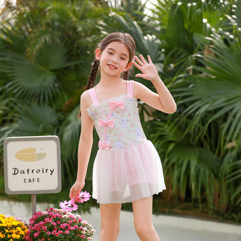 Korean Style Girls' Floral Strappy One-Piece Swimsuit with Bowknot and Gauze Skirt