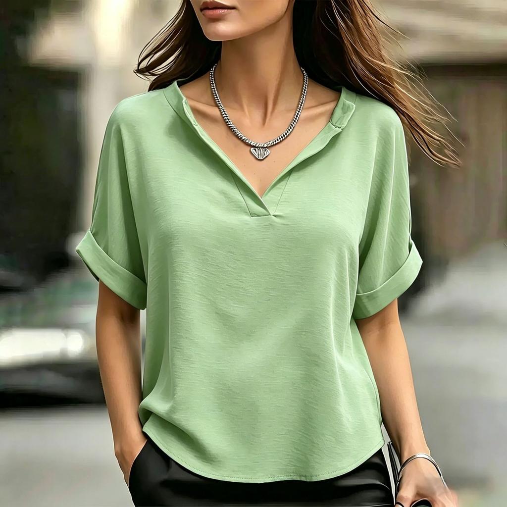Women V Neck Short Sleeve Loose Fit T Shirt Casual Basic Lightweight Blouse with Rolled Cuffs for Daily Wear Work Travel