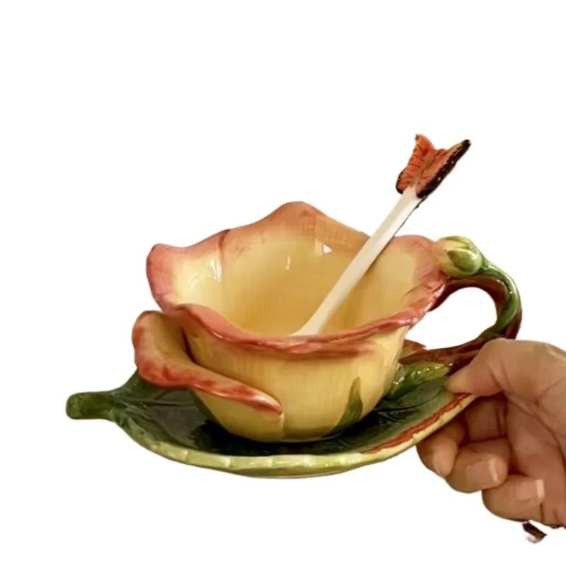 Creative Simulation Painted Roses Ceramic Coffee Cup Delicate Dessert Tea Cup Birthday Gift Couple Mug Office Drinking Mug Home