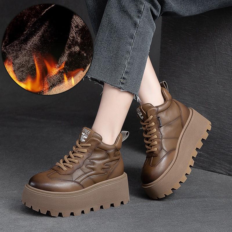 Fashion GKTINOO Loafers for Women 7cm Retro Genuine Leather Ankle Boots British Autumn Winter Plush Moccasins Rubber Soled Flats Shoes