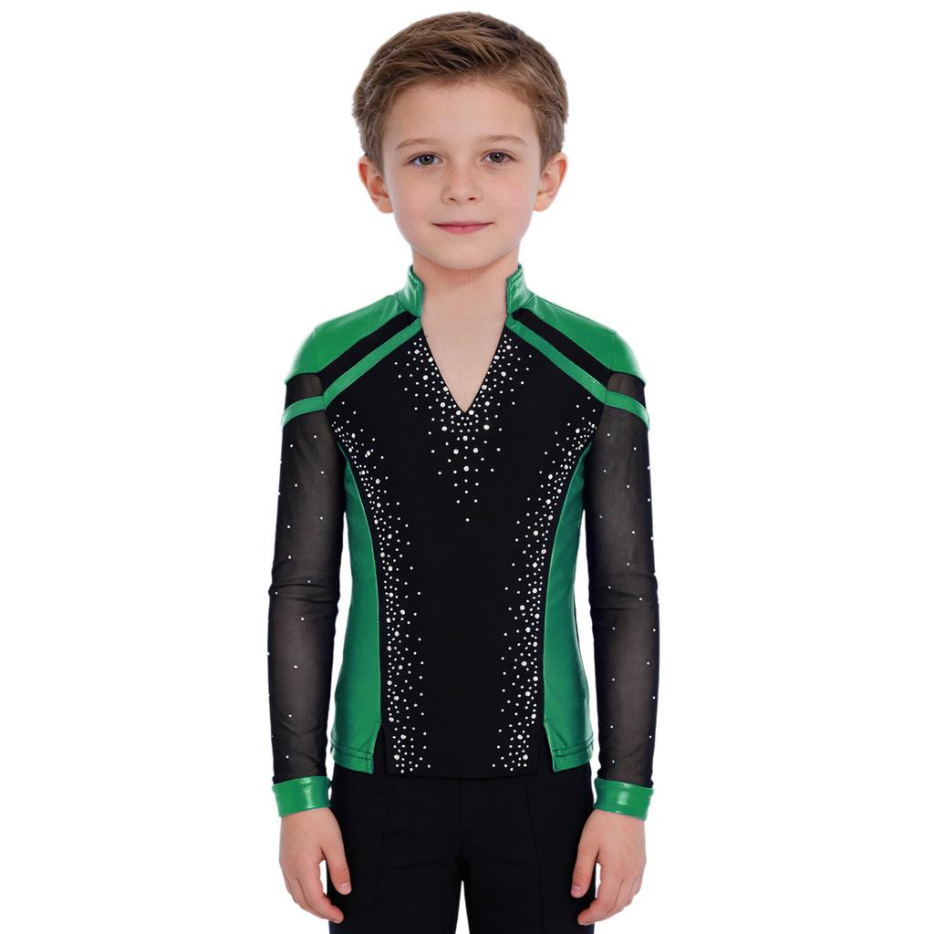 Boys V Neck Long Sleeve Shiny Metallic Color Block Figure Skating Top