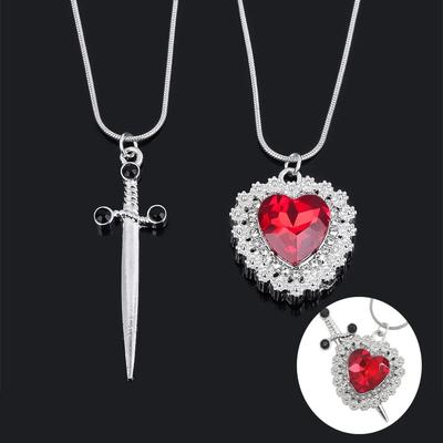 Red Heart and Sword Couple Necklace Collarbone Chain Sword Necklace Fashion Accessories for Women Gift