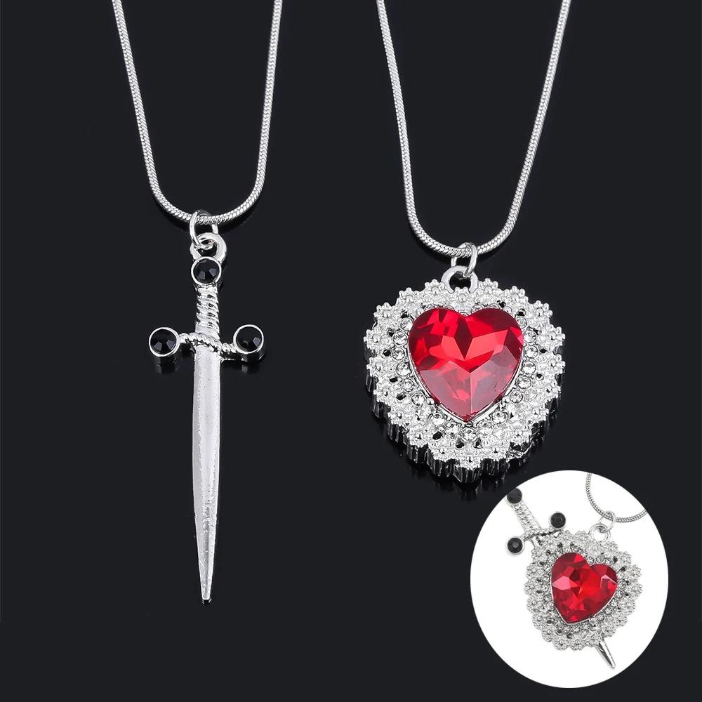 Red Heart and Sword Couple Necklace Collarbone Chain Sword Necklace Fashion Accessories for Women Gift
