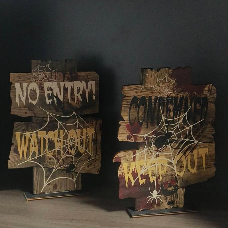 1Pcs Vintage Halloween Wooden Decorations - Gothic Cross Ghost Desktop Ornament For Spooky Party Creative Home Decor
