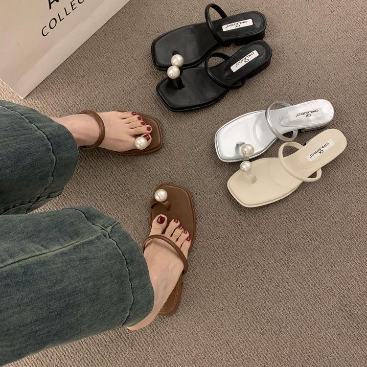 Retro Versatile Pearl Set Toe with Low Heel Evening Slippers Women's Summer Wear 2025 New Sandals Sandals