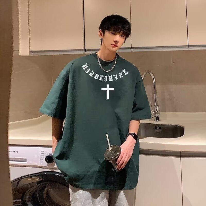 

Нова літня чоловіча футболка з короткими рукавами, тренд у корейському стилі, простий топ із напіврукавами, вільна повсякденна брендова футболка в стилі Гонконг 5XL темно-зелений колір