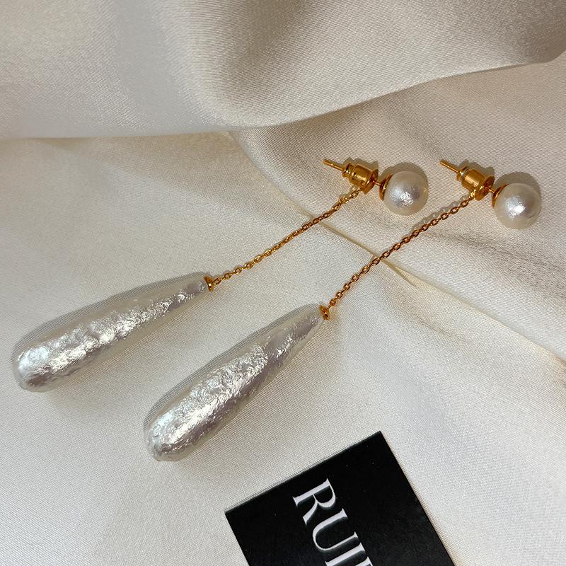 Sterling Silver Needle Textured Water Drop Pearl Earrings Women's Design Stud Earrings Long Fringed Ears