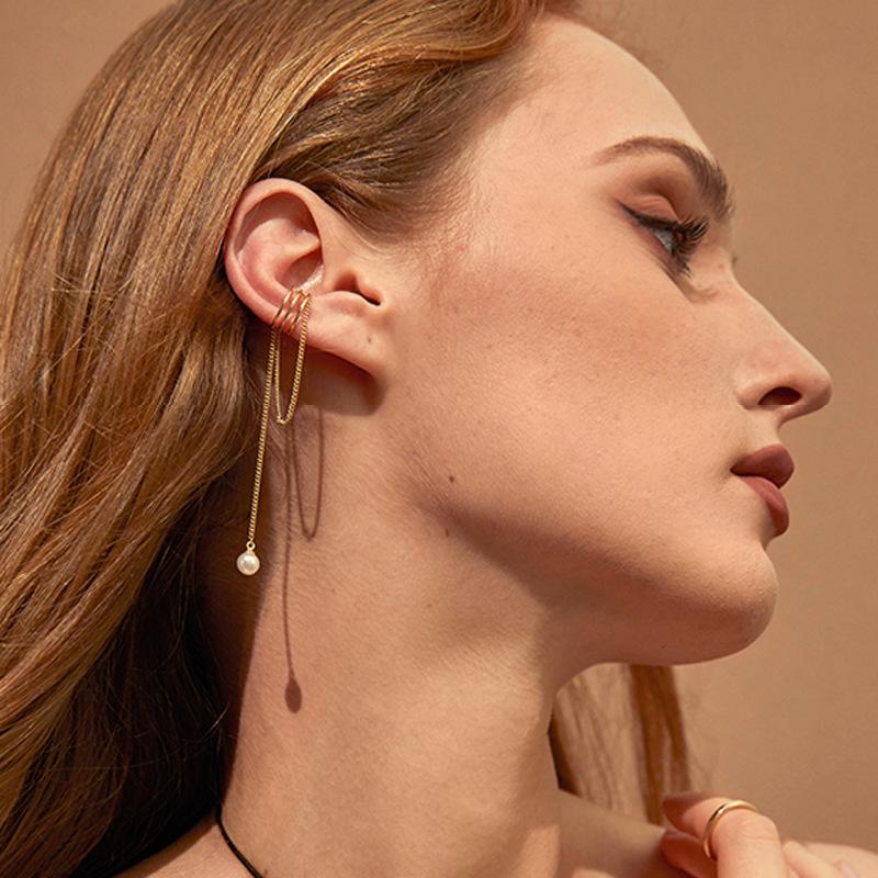 Pearl Chain Fringed Ear Bone Ear Clips Female Round Face Thin Long Ear Bone Clips No Ear Piercings Earrings Autumn