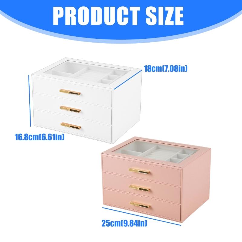 Jewelry Storage Box with Three Compartments Glass Access Lid PU Materials Cover Soft Velvets Cushioning