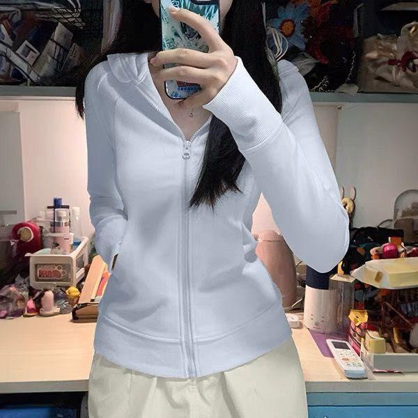Women's Cotton Blend Fitted Zip-Up Hooded Sweatshirt - Stylish Autumn Cardigan for Yoga & Sports