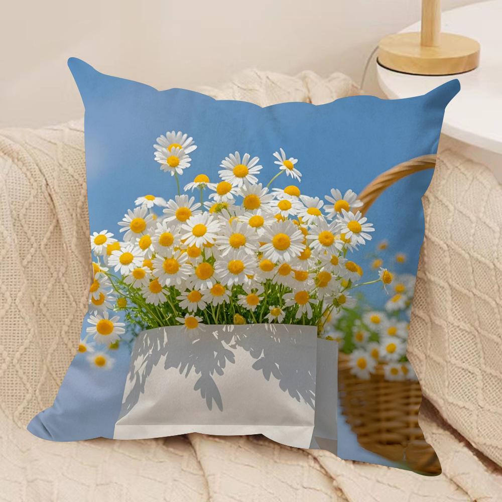 Flower Daisy Cushion Cover Soft Plush Fabric Double-Sided Printed Sofa Cushion Cover for All Seasons Home Decor Gift