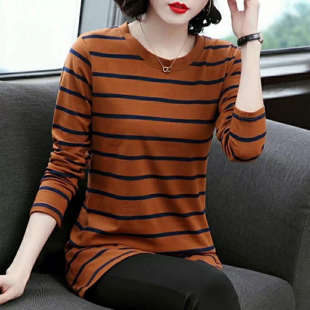 Spring Round Neck Long-sleeved Striped Shirt Women's Fashion Mid-length Ladies Blouse Bottoming Shirt