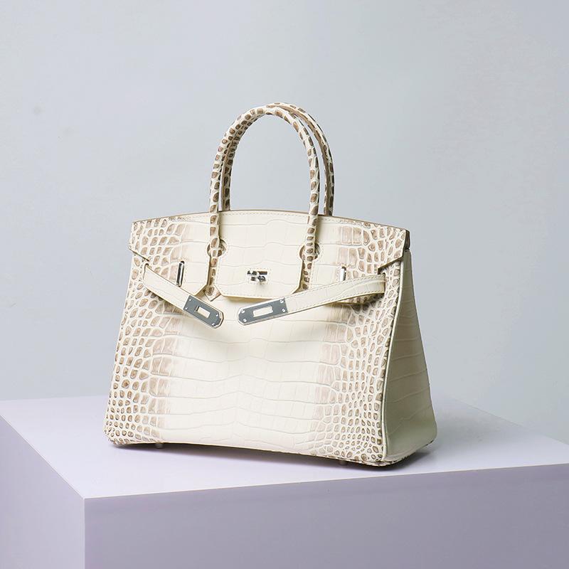 New First-layer Cowhide, Crocodile Pattern Portable Shoulder Messenger Bag, Genuine Leather, Himalayan Rhinestone Bag, Silver.