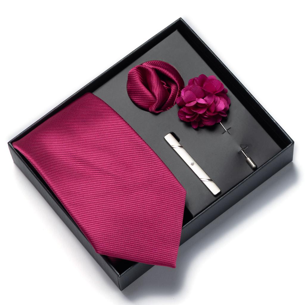 This solid color 4-piece men's tie gift set includes a brooch, corsage, and handkerchief. It's a perfect gift for Valentine's Da