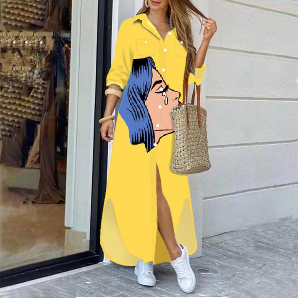 Women's Button Down Dress Casual Long Sleeve Maxi Dresses Loose Printed Shirt Dress