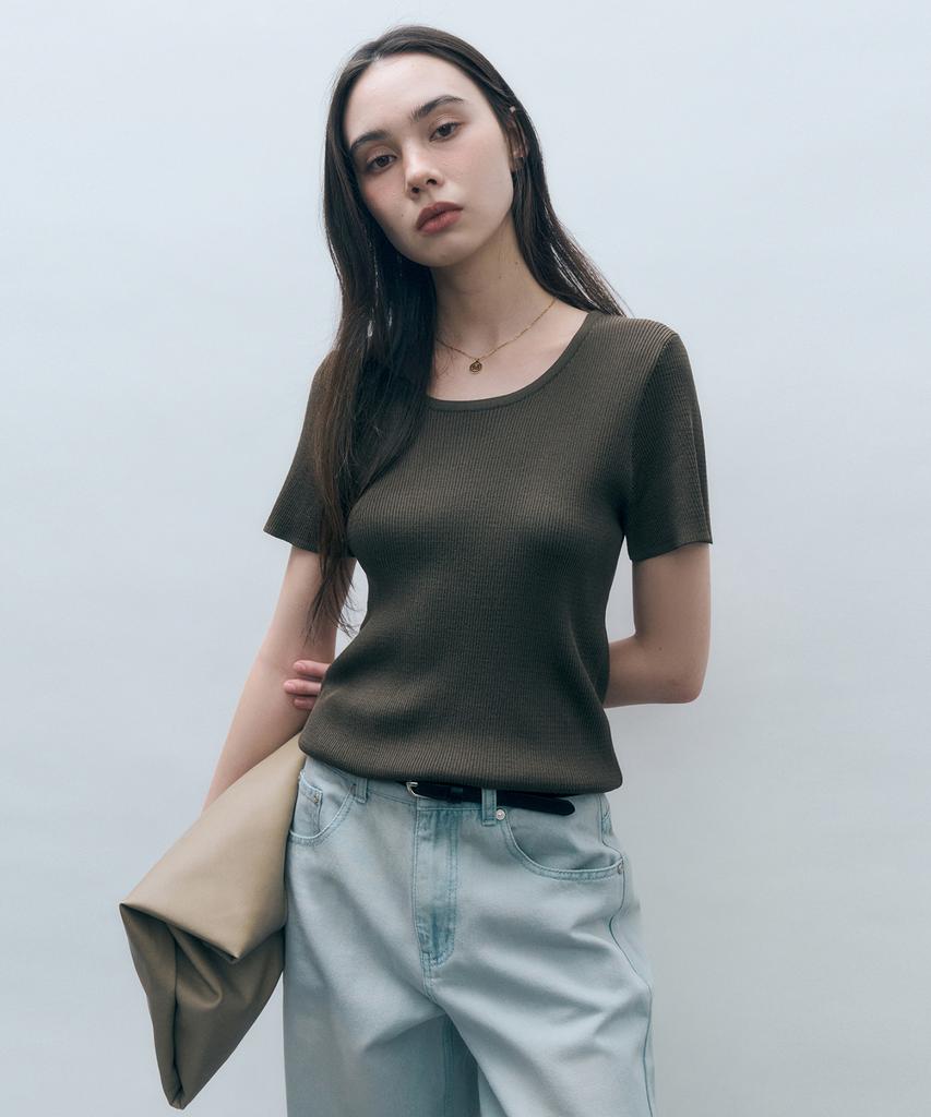 MONGDOL Ribbed Round Neck Short Sleeve Knit Mdkt075_8 Colors