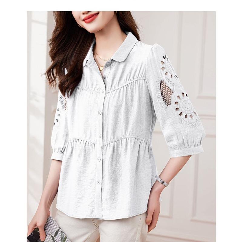 

Женская красная многоярусная блузка с рюшами, рубашка с рукавом до локтя, на пуговицах, с деталью в виде вырезов на рукавах L белый