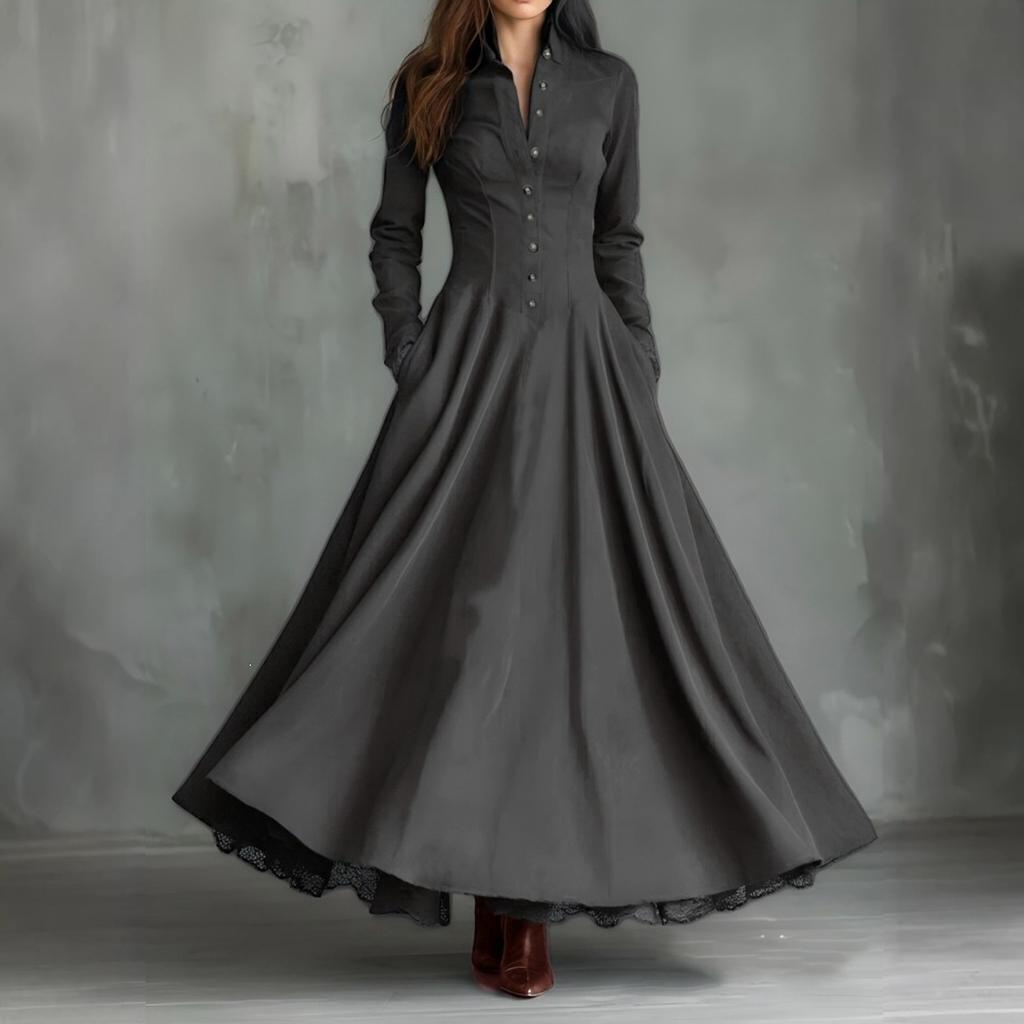Women's Long Sleeve Shirt Dress Vintage Style Faux Suede Fabric Lace Trim Paneling Full Length Dress with Button Front and Flared Skirt