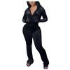 Women's Casual Color Hooded Zipper Top Wide Leg Pants Suit